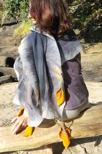 Golden callas hanging on grey, shawl as a incredible wearable art, silk & Australian merino wool, great with linen pants, dress.