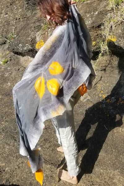 Golden callas hanging on grey, shawl as a incredible wearable art, silk & Australian merino wool, great with linen pants, dress.