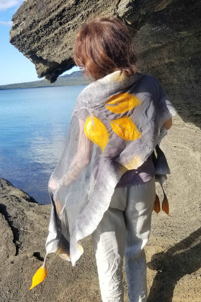 Golden callas hanging on grey, shawl as a incredible wearable art, silk & Australian merino wool, great with linen pants, dress.