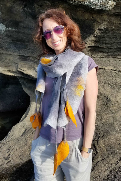 Golden callas hanging on grey, shawl as a incredible wearable art, silk & Australian merino wool, great with linen pants, dress.