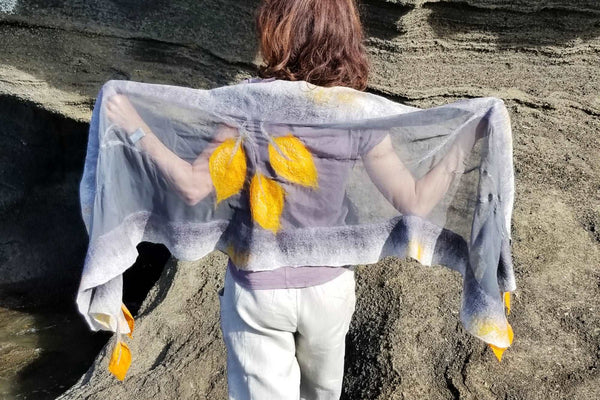 Golden callas hanging on grey, shawl as a incredible wearable art, silk & Australian merino wool, great with linen pants, dress.