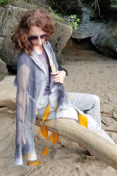 Golden callas hanging on grey, shawl as a incredible wearable art, silk & Australian merino wool, great with linen pants, dress.