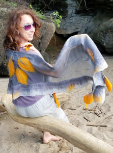 Golden callas hanging on grey, shawl as a incredible wearable art, silk & Australian merino wool, great with linen pants, dress.