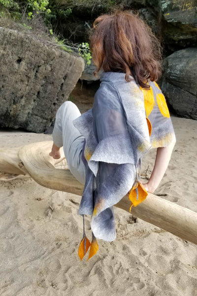 Golden callas hanging on grey, shawl as a incredible wearable art, silk & Australian merino wool, great with linen pants, dress.