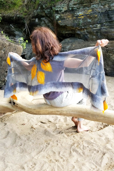 Golden callas hanging on grey, shawl as a incredible wearable art, silk & Australian merino wool, great with linen pants, dress.