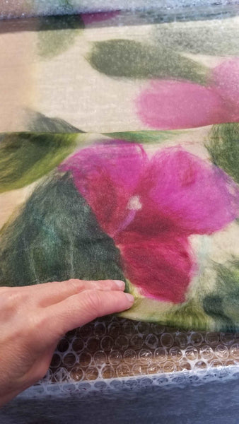 Magenta Hibiscus flowers on beige, shawl wet felting with merino & silk for dress, evening fashion Handmade with Love in New Zealand. 4637