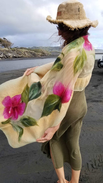 Magenta Hibiscus flowers on beige, shawl wet felting with merino & silk for dress, evening fashion Handmade with Love in New Zealand. 4637