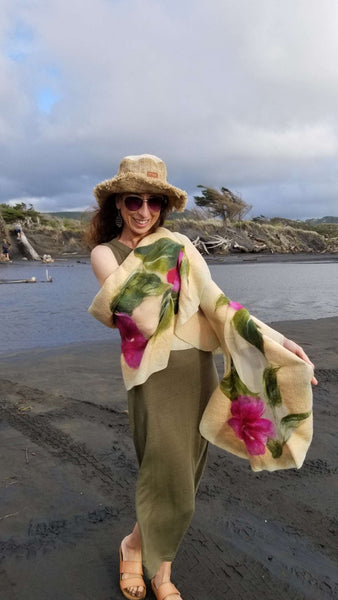 Magenta Hibiscus flowers on beige, shawl wet felting with merino & silk for dress, evening fashion Handmade with Love in New Zealand. 4637