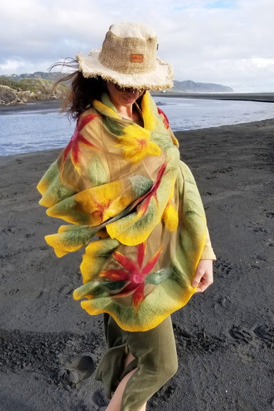 Shawl in Autumn shades, merino wool and silk in olive, honey yellow, burgundy. It's one of a kind, soft, vibrant, versatlie scarf.