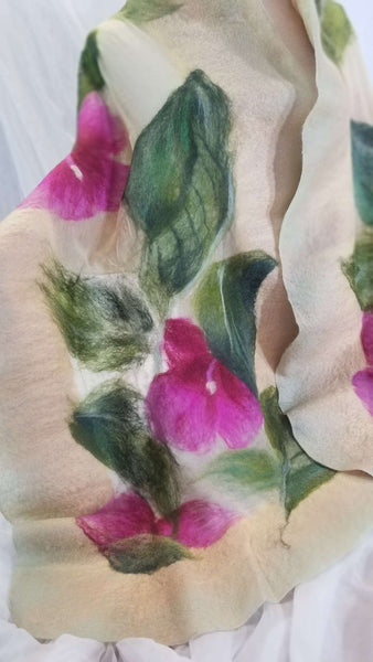 Magenta Hibiscus flowers on beige, shawl wet felting with merino & silk for dress, evening fashion Handmade with Love in New Zealand. 4637