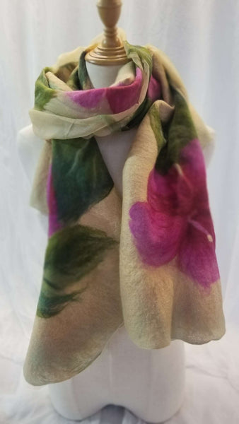 Magenta Hibiscus flowers on beige, shawl wet felting with merino & silk for dress, evening fashion Handmade with Love in New Zealand. 4637