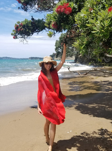 Vibrant Red scarf full of love - must have it! Pohutukawa flowers red merino & silk. Cools in summer, warms in winter.