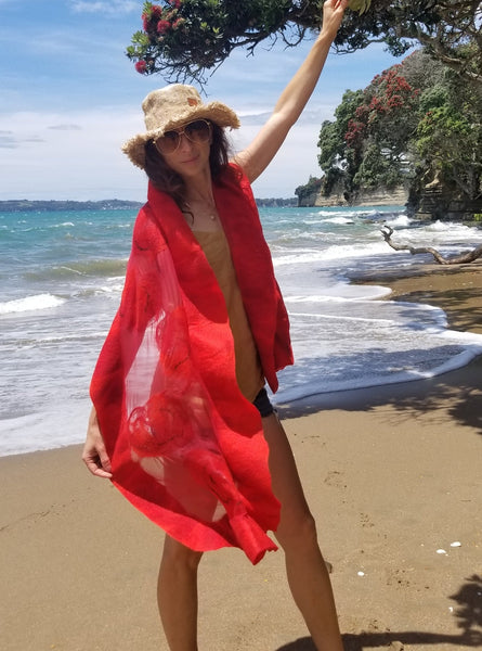 Vibrant Red scarf full of love - must have it! Pohutukawa flowers red merino & silk. Cools in summer, warms in winter.