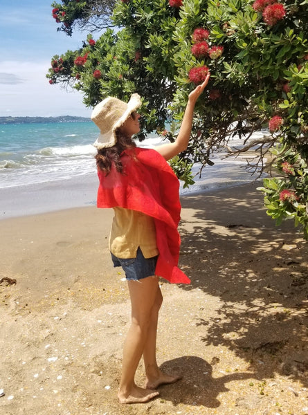 Vibrant red shawl from merino and silk, hand made unique accessories