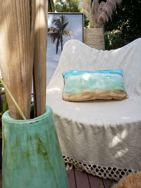 Pacific Ocean Pillow Cover handmade fabric mix of silk & merino wool, beach lifestyle house decor, turquoise, beige, cream cushion, wave