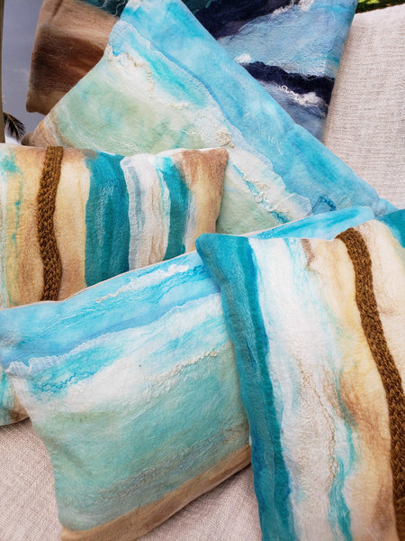 Coastal design at home, handmade Pillow Cover with natural silk & merino wool, ocean cushion, beach house decor