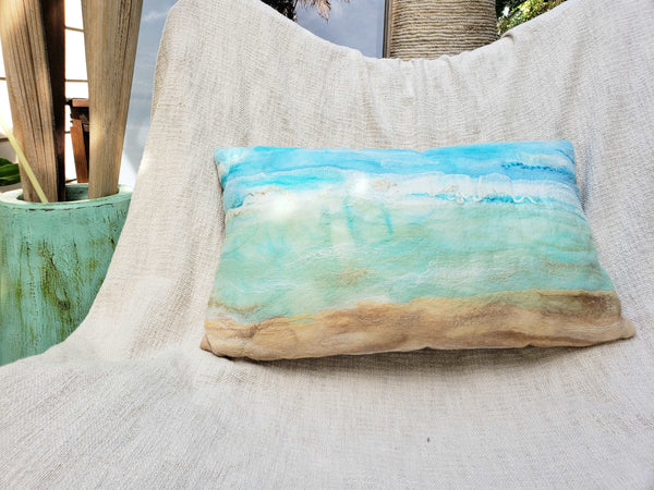 Pacific Ocean Pillow Cover handmade fabric mix of silk & merino wool, beach lifestyle house decor, turquoise, beige, cream cushion, wave