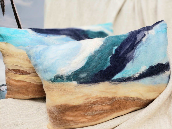 Ocean Shore, Pillow handmade, few layers of silk & merino wool, beach lifestyle house coast decor, marine blue, beige, felt cushion, 3D wave