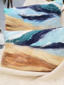 Ocean Shore, Pillow handmade, few layers of silk & merino wool, beach lifestyle house coast decor, marine blue, beige, felt cushion, 3D wave