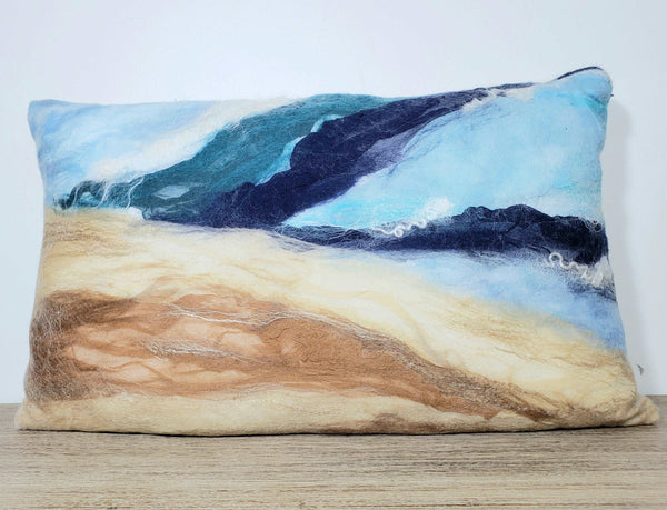 Ocean Shore, Pillow handmade, few layers of silk & merino wool, beach lifestyle house coast decor, marine blue, beige, felt cushion, 3D wave