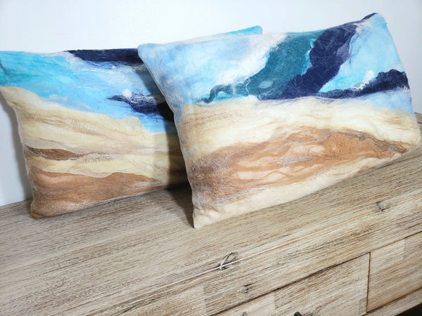 Ocean Shore, Pillow handmade, few layers of silk & merino wool, beach lifestyle house coast decor, marine blue, beige, felt cushion, 3D wave