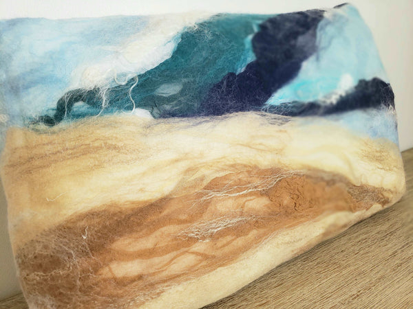 Ocean Shore, Pillow handmade, few layers of silk & merino wool, beach lifestyle house coast decor, marine blue, beige, felt cushion, 3D wave