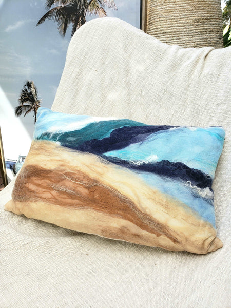 Ocean Shore, Pillow handmade, few layers of silk & merino wool, beach lifestyle house coast decor, marine blue, beige, felt cushion, 3D wave