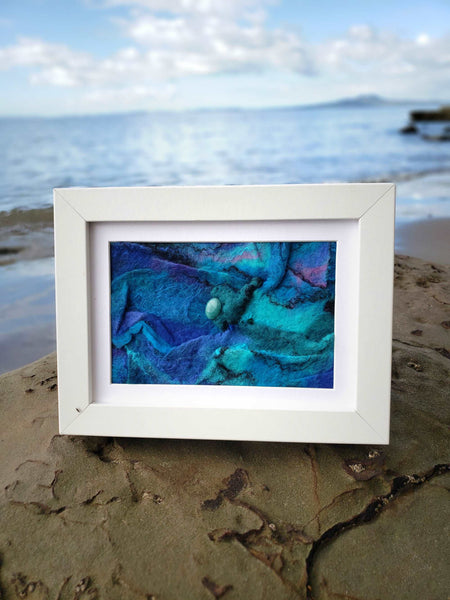 Framed unique picture, textured, inspired Paua shell, coastal style, made with silk, wool, semi-precious stone and Swarovski crystals