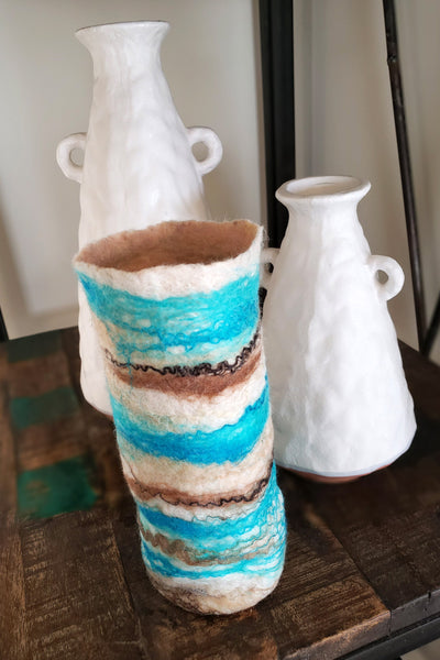 Versatile vase or wine holder in coastal design, hand made from merino wool & raw silk. Beach style life decor.