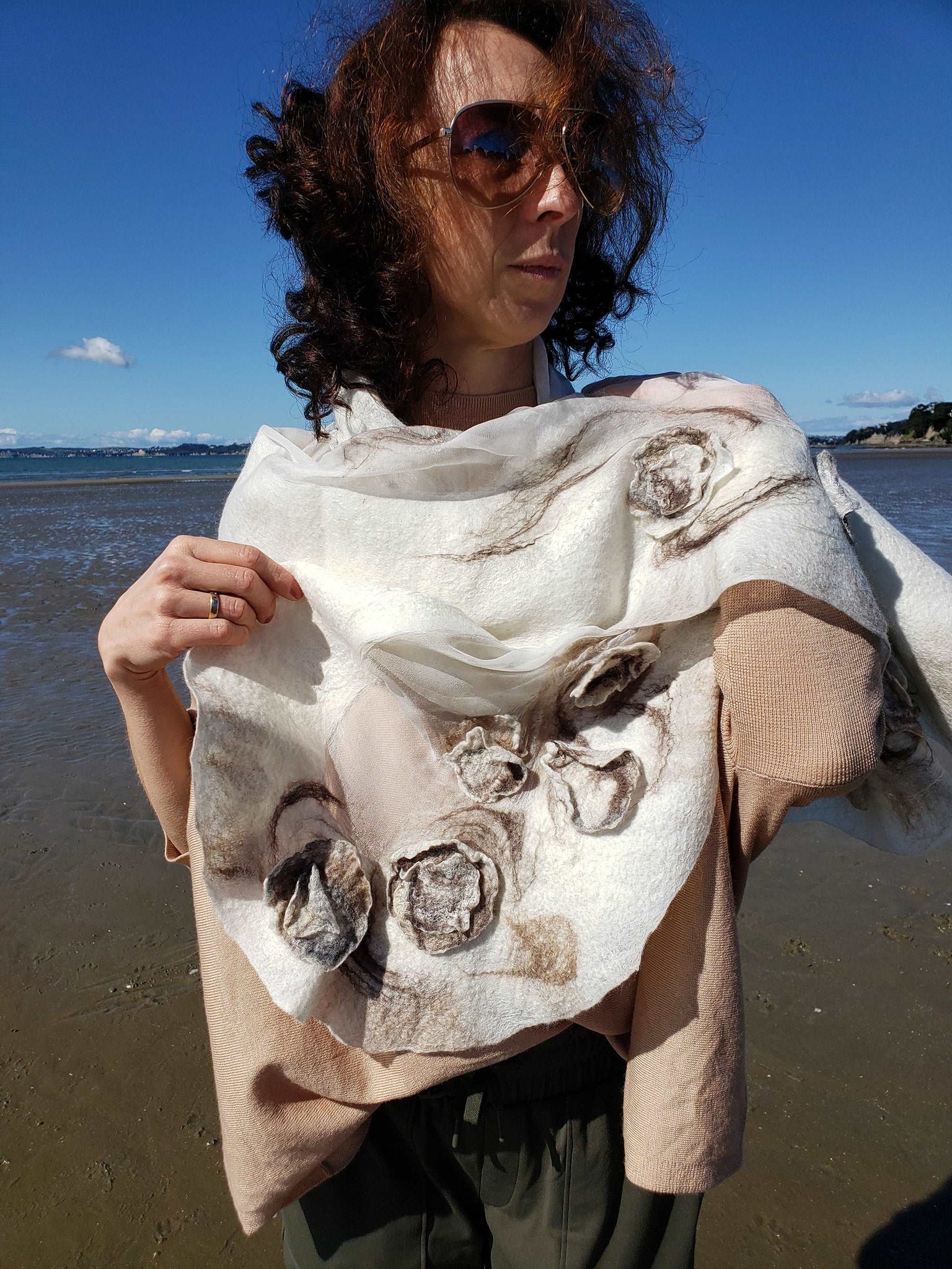 Masterpiece Scarf 3D effect, nunofelting natural luxury shawl from silk & merino feather-light