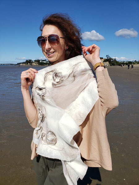 Masterpiece Scarf 3D effect, nunofelting natural luxury shawl from silk & merino feather-light