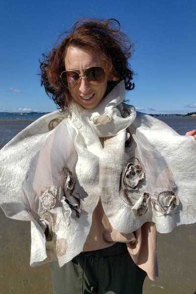 Masterpiece Scarf 3D effect, nunofelting natural luxury shawl from silk & merino feather-light