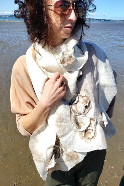 Masterpiece Scarf 3D effect, nunofelting natural luxury shawl from silk & merino feather-light