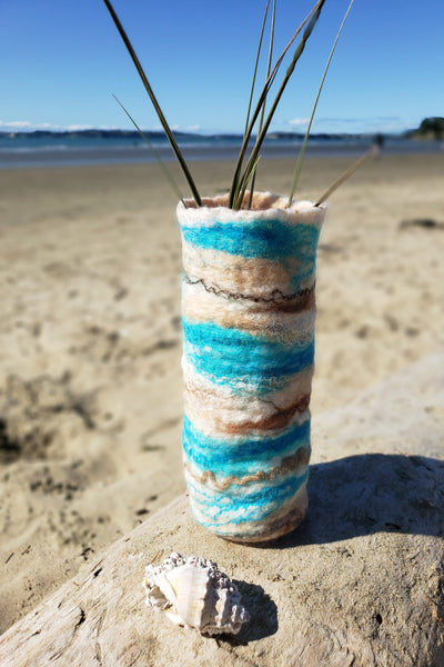 Versatile vase or wine holder in coastal design, hand made from merino wool & raw silk. Beach style life decor.