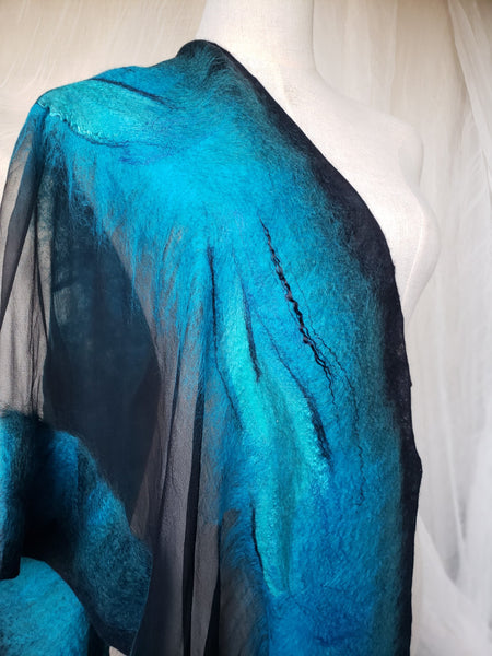 Turquoise scarf in ocean colors, simple pattern, the addition to the dress, jacket, silk merino shawl in blue, versatile stole, warm cape