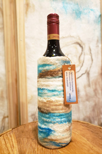 Versatile vase or wine holder in coastal design, hand made from merino wool & raw silk. Beach style life decor.