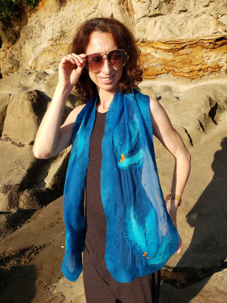 Beautiful blue scarf with vibrant orange accents - One of a Kind, stylish accessory from silk and merino