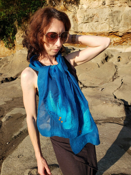 Beautiful blue scarf with vibrant orange accents - One of a Kind, stylish accessory from silk and merino