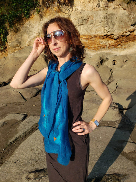 Beautiful blue scarf with vibrant orange accents - One of a Kind, stylish accessory from silk and merino