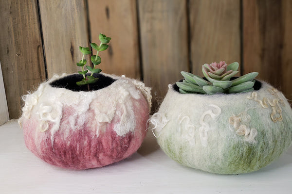 Lovely succulent, cactus plant pot in rose color. Fluffy wool decor, jewelry box made of merino wool by hand.