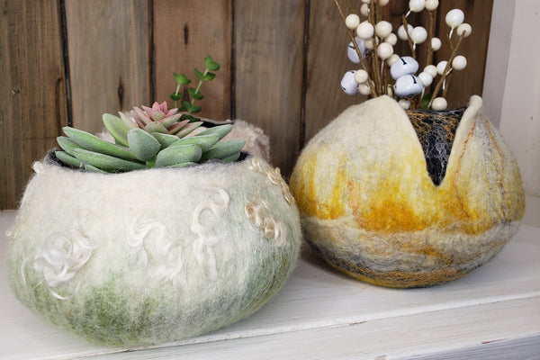 3D vase in yellow color. Unique suculent, cactus planter made of wool. Cozy decor, jewelry box.