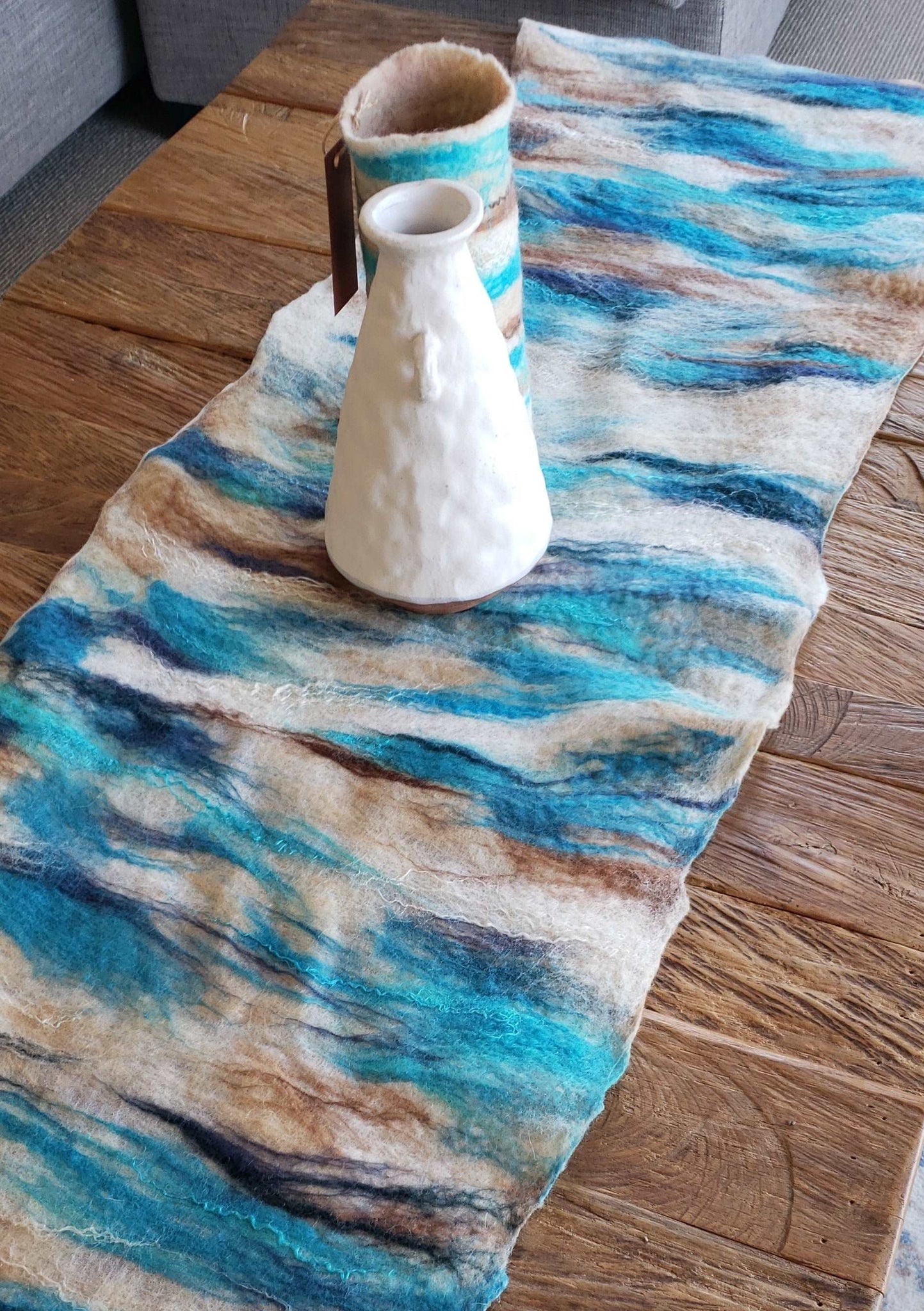 Double side table runner high quality hand made, coastal style, silk & merino wool, ocean, beach lifestyle decor