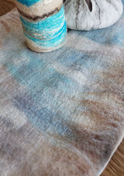 Double side table runner high quality hand made, coastal style, silk & merino wool, ocean, beach lifestyle decor