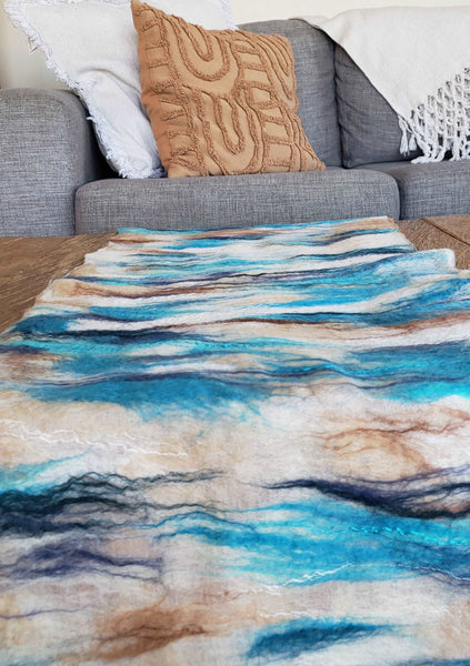 Double side table runner high quality hand made, coastal style, silk & merino wool, ocean, beach lifestyle decor