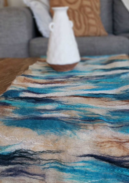 Double side table runner high quality hand made, coastal style, silk & merino wool, ocean, beach lifestyle decor