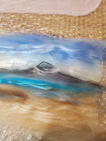 Rangitoto Island with clouds, wool with silk painting. 8 x 6 inch