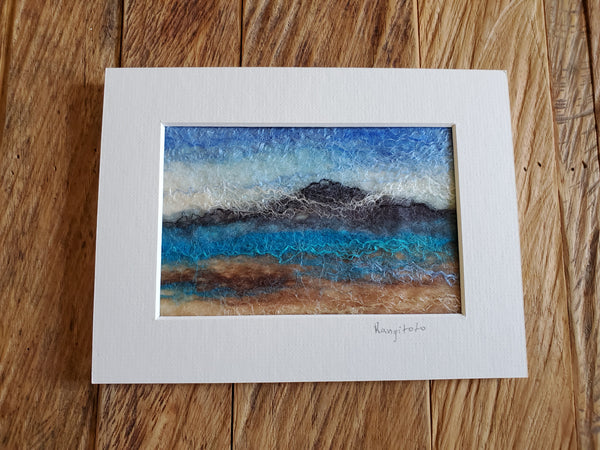 Rangitoto Island with clouds, wool with silk painting. 8 x 6 inch