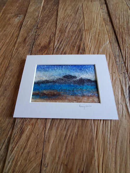 Rangitoto Island with clouds, wool with silk painting. 8 x 6 inch