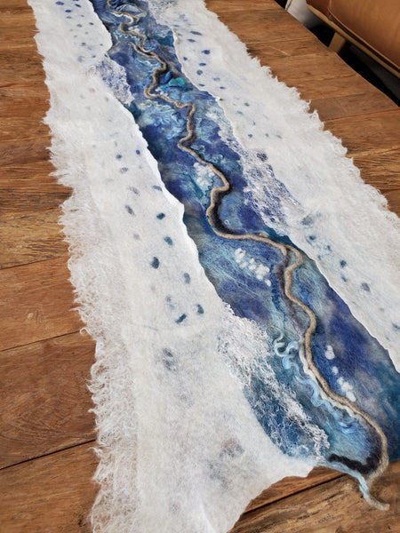 Coastal table runner or wall art high quality hand made, silk & merino wool, beach lifestyle decor.