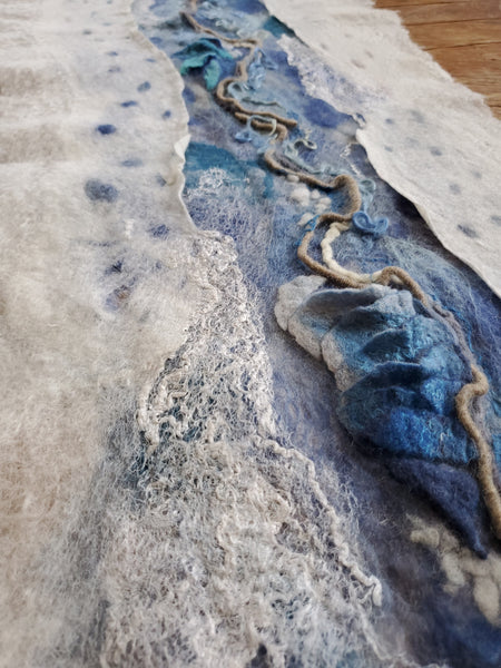 Coastal table runner or wall art high quality hand made, silk & merino wool, beach lifestyle decor.